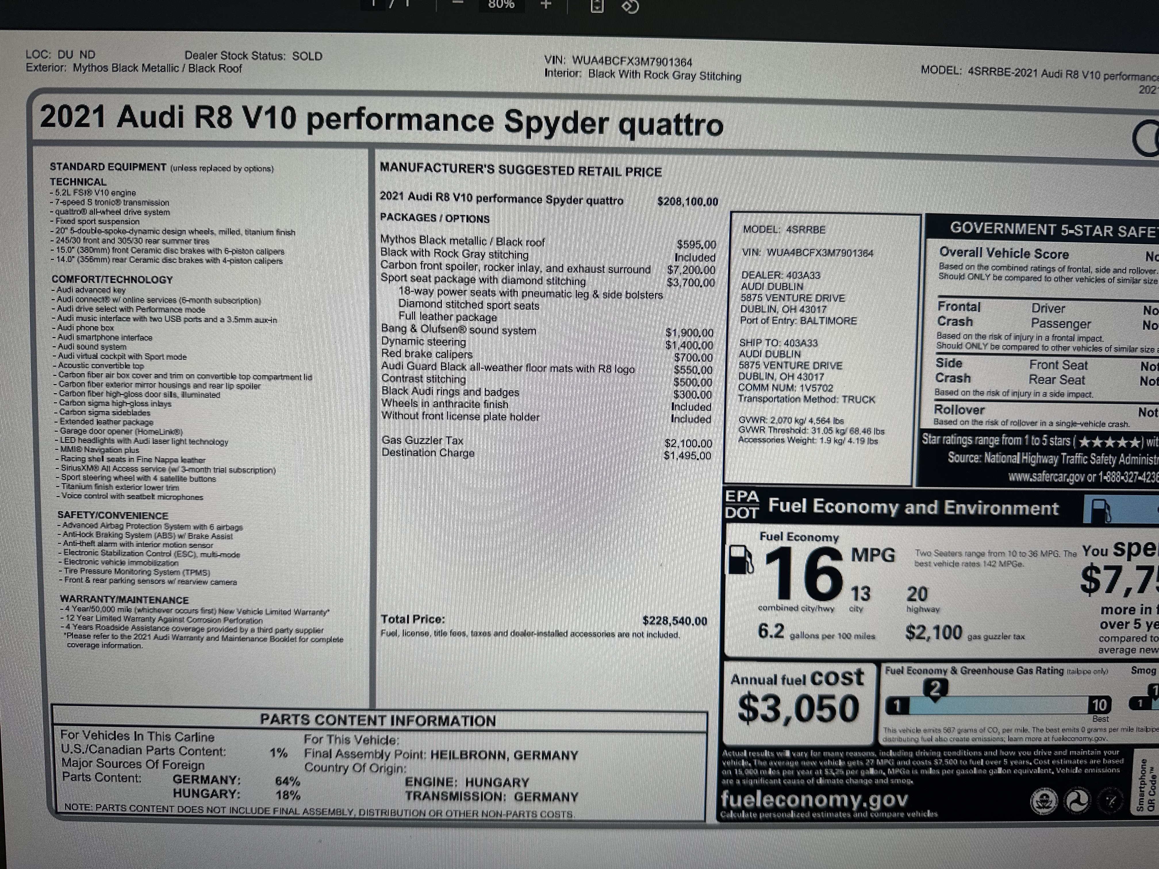 2021 Audi R8 V10 performance