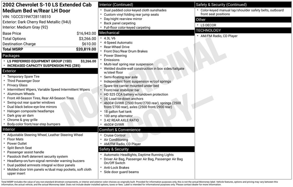Dark Cherry Red Metallic 2002 Chevrolet S-10 LS Extended Cab RWD Pickup Truck Rear-Wheel Drive 4-Speed Automatic Overdrive