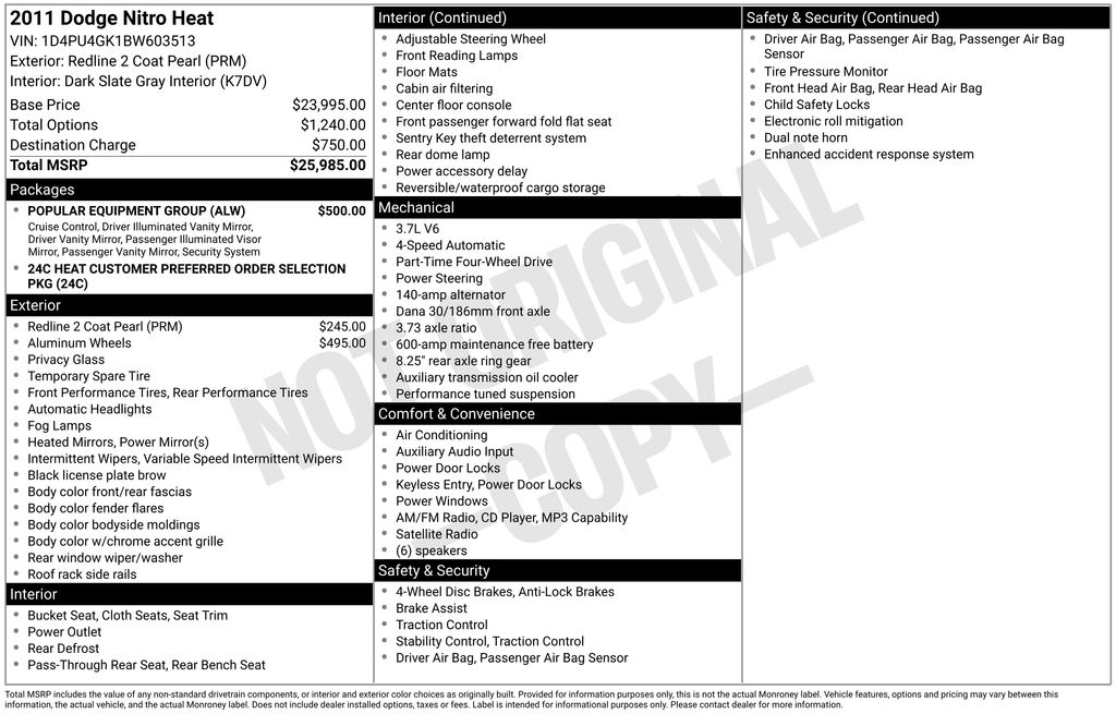 Redline 2 Coat Pearl 2011 Dodge Nitro Heat 4WD SUV / Crossover Four-Wheel Drive 4-Speed Automatic