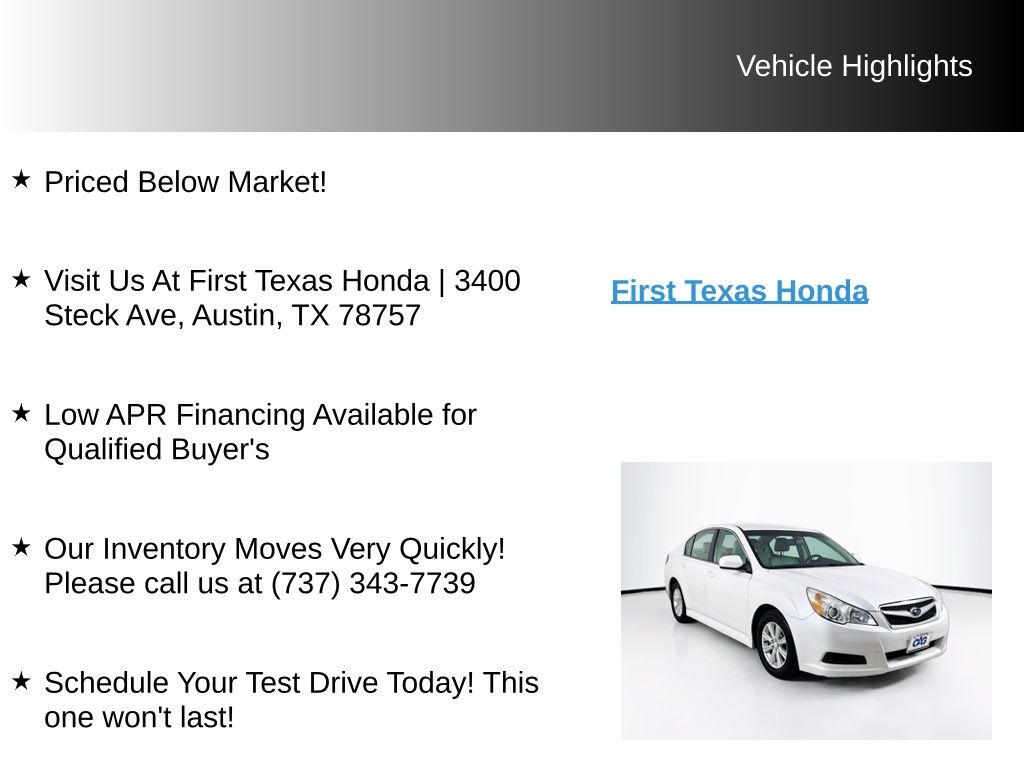 Used Car 2011 Subaru Legacy  2.5i For Sale Under $12,000 In Austin, Texas