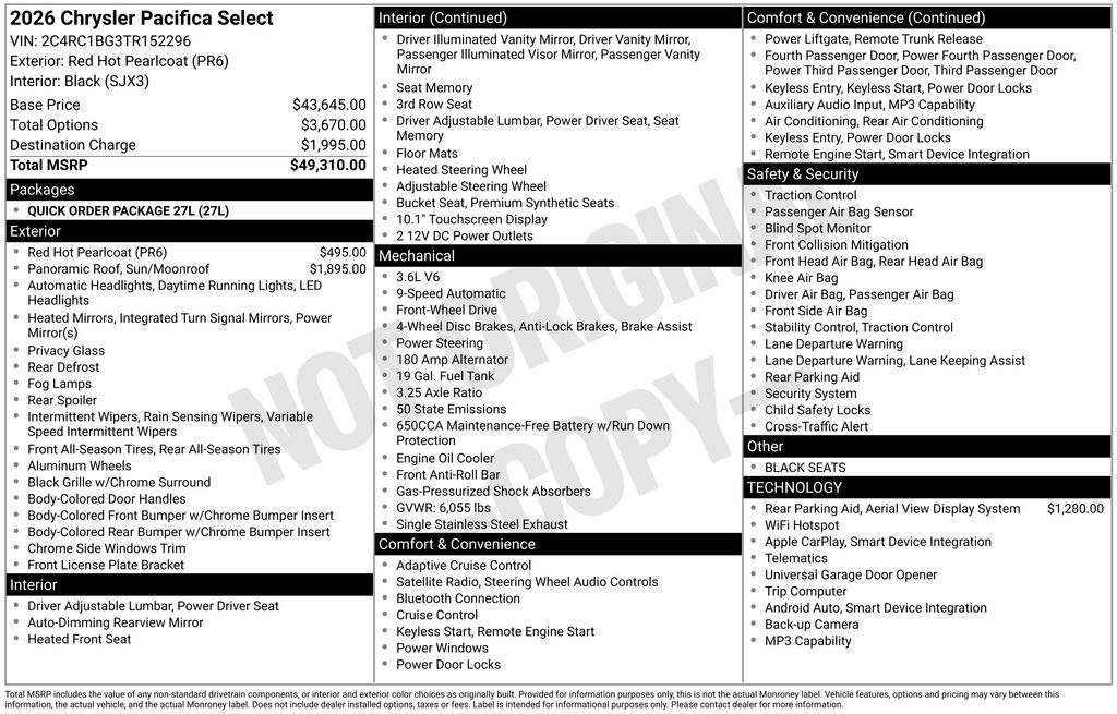 new 2026 Chrysler Pacifica car, priced at $40,580