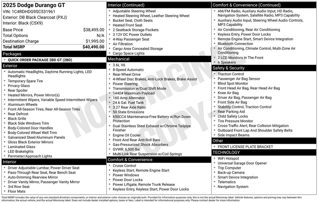 DB Black Crystal Clearcoat 2025 Dodge Durango SUV / Crossover Rear-Wheel Drive 8-Speed Automatic