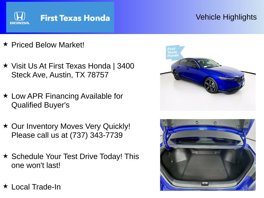 New Car 2025 Honda Accord Hybrid  Sport For Sale Under $35,000 In Austin, Texas