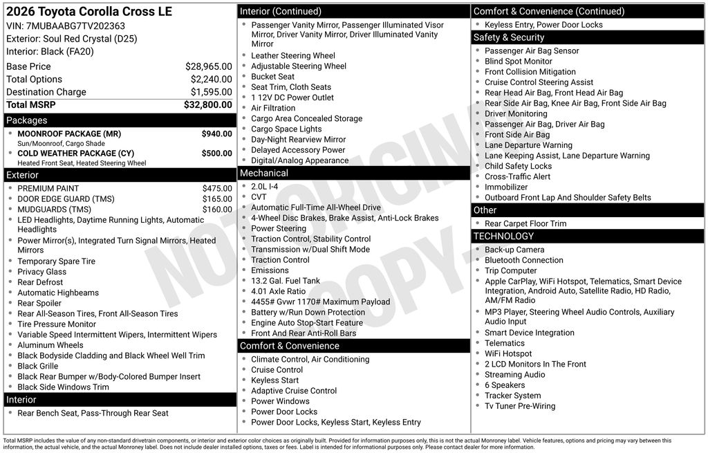 0d25/Fa20 2026 Toyota Corolla Cross SUV / Crossover All-Wheel Drive Continuously Variable Transmission