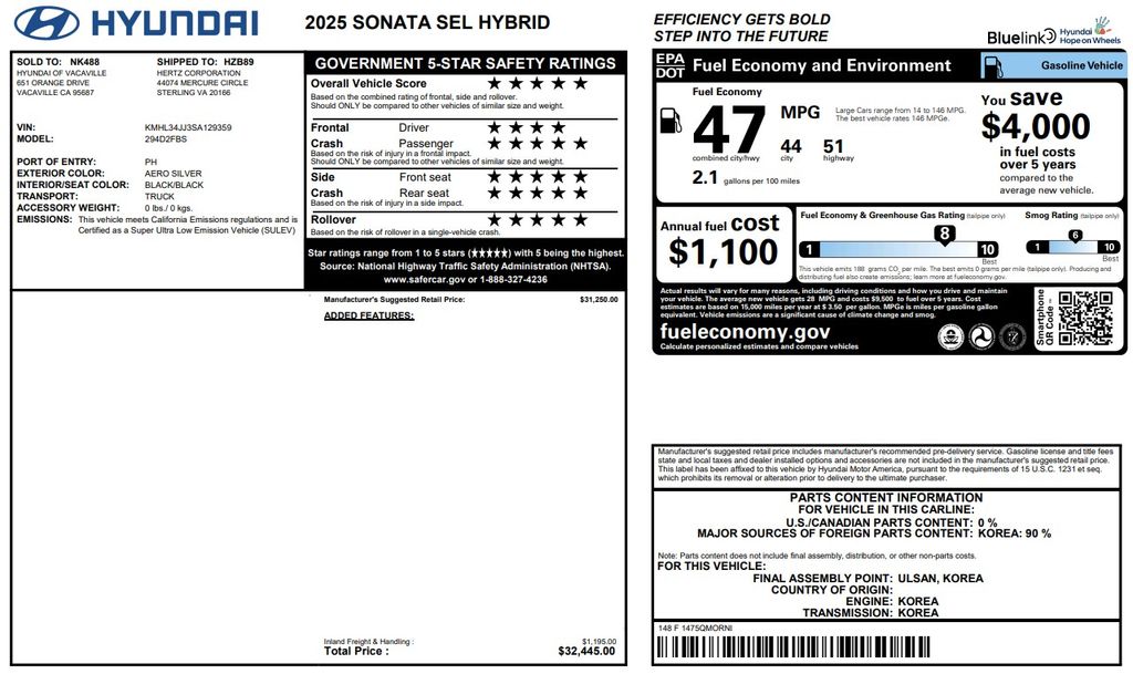 Silver 2025 Hyundai Sonata Hybrid Sedan Front-Wheel Drive Automatic