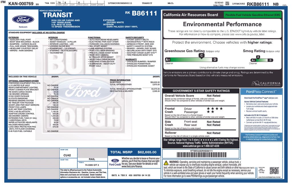 New 2024 Ford Transit Cargo Van 148 WB Extended 250 High Roof