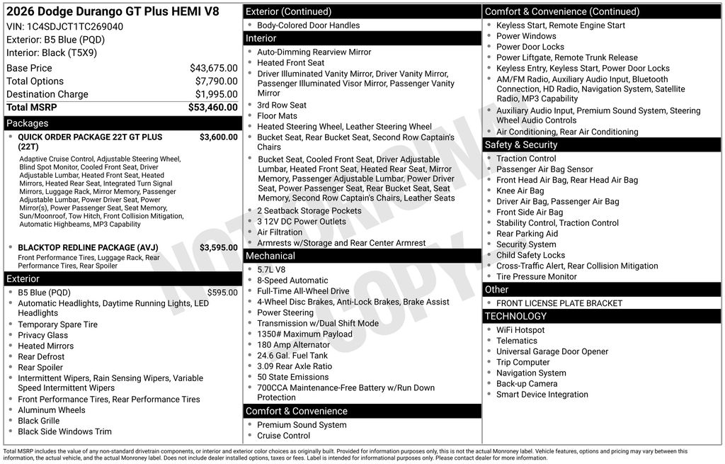 2026 B5 Blue Dodge Durango GT Plus HEMI V8 AWD SUV