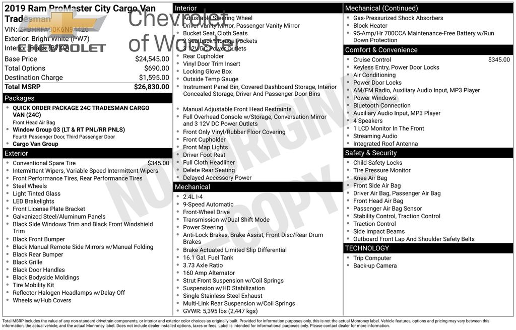 Bright White 2019 RAM ProMaster City Tradesman Cargo Van FWD Van Front-Wheel Drive 9-Speed Automatic