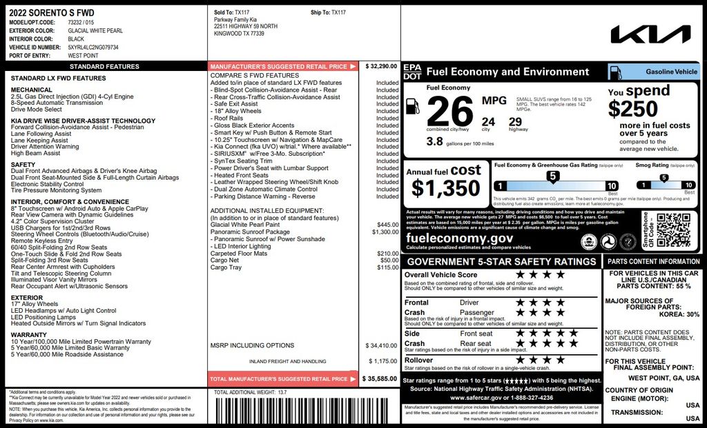 2022 Kia Sorento S White at Shottenkirk Kia Fort Bend