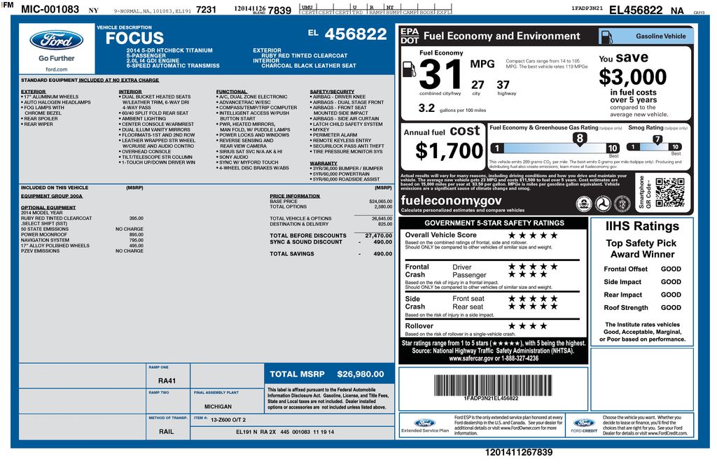 Used 2014 Ford Focus Titanium with VIN 1FADP3N21EL456822 for sale in Vero Beach, FL