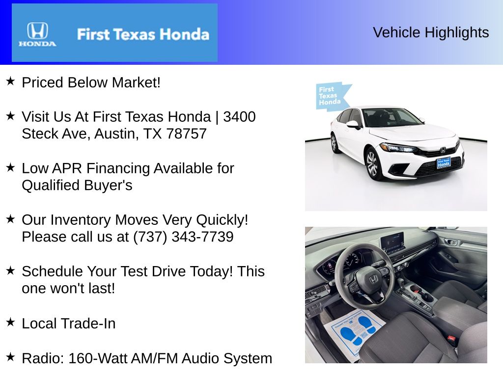 Used Car 2022 Honda Civic  Lx For Sale Under $25,000 In Austin, Texas