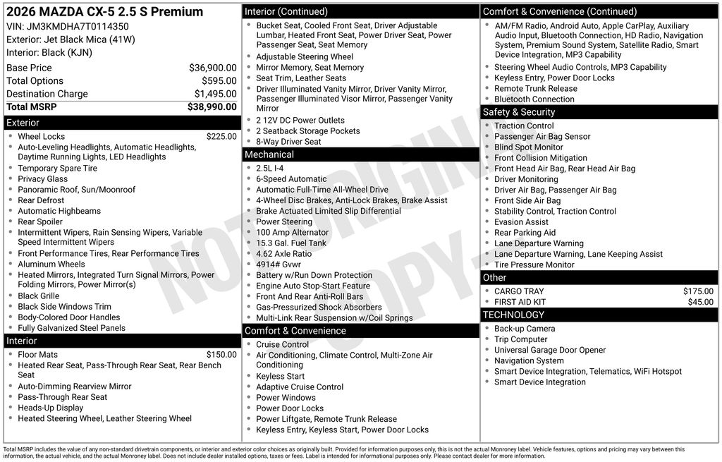 Jet Black 2026 Mazda CX-5 2.5 S Premium AWD SUV / Crossover All-Wheel Drive 6-Speed Automatic