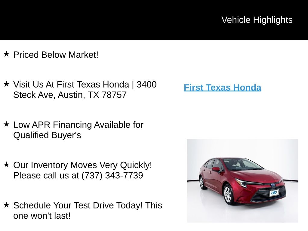 Used Car 2024 Toyota Corolla Hybrid  Le For Sale Under $25,000 In Austin, Texas