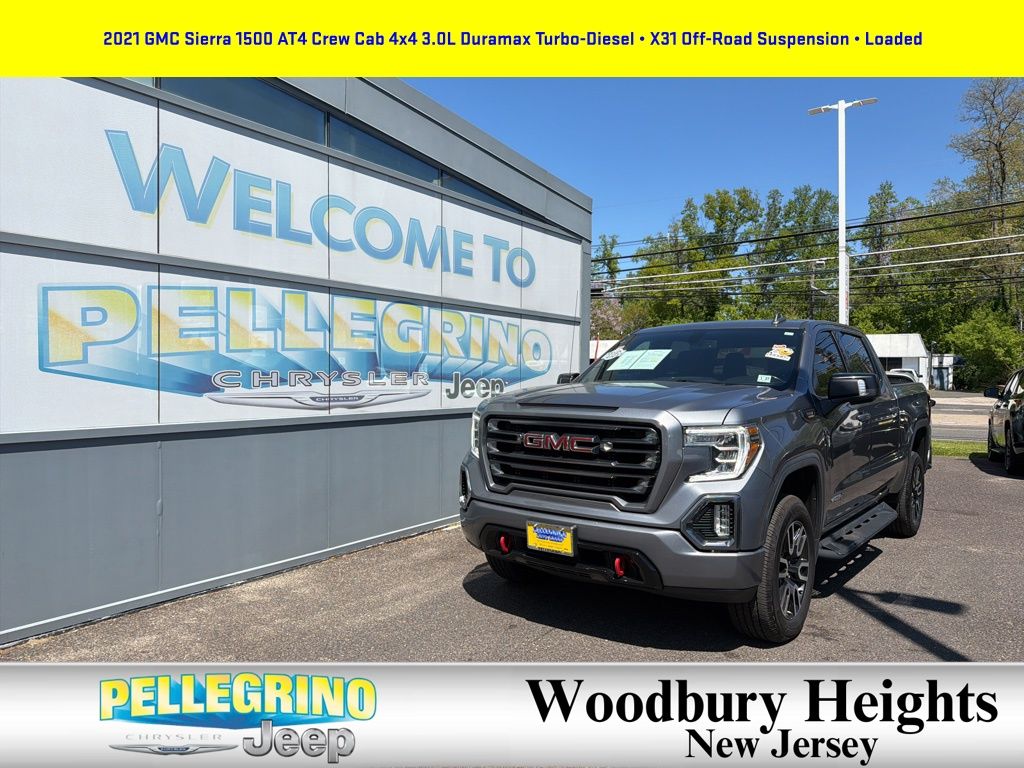 Gray (Satin Steel Metallic) 2021 GMC Sierra 1500 AT4 Crew Cab 4WD Pickup Truck Four-Wheel Drive Automatic