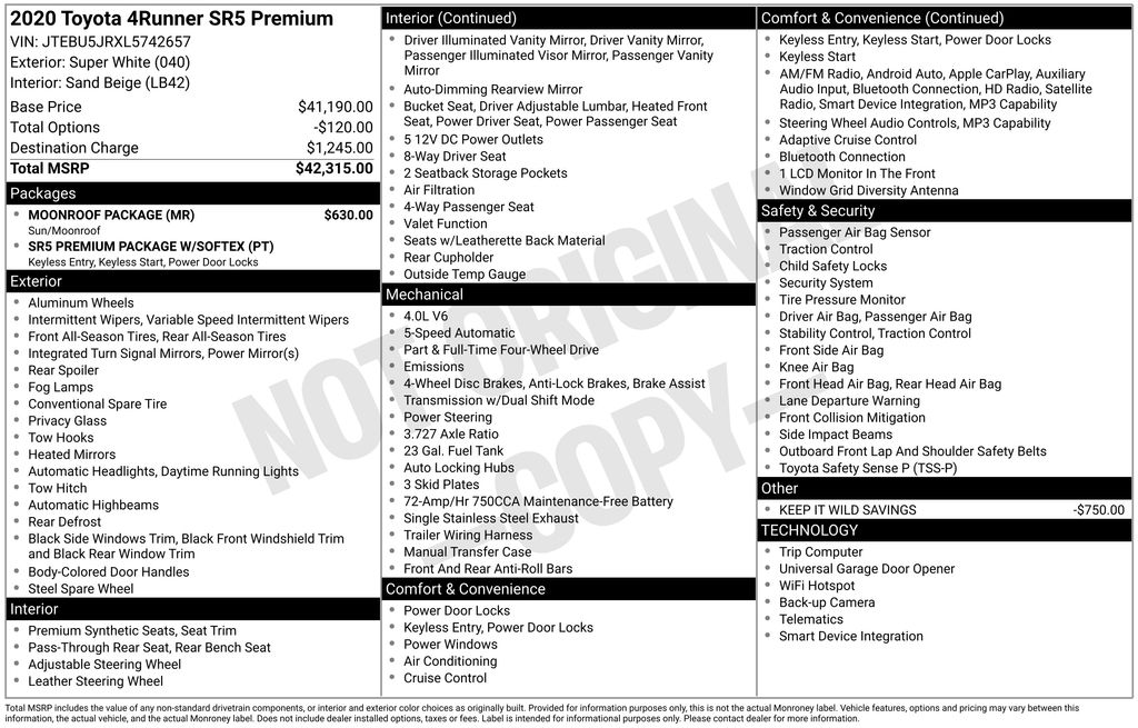 Used Car 2020 Toyota 4runner  Sr5 Premium For Sale Under $35,000 In Austin, Texas