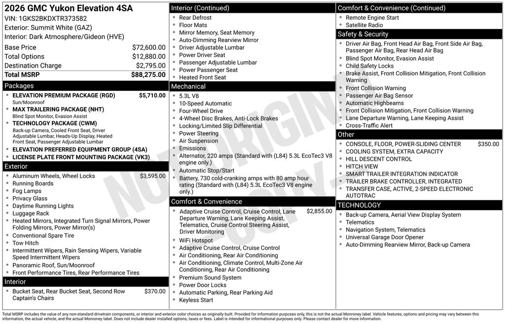 Summit White 2026 GMC Yukon Elevation 4WD SUV / Crossover Four-Wheel Drive