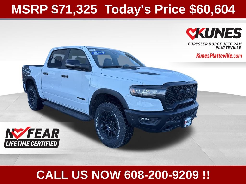 Bright White Clearcoat 2026 RAM 1500 Rebel Crew Cab 4WD Pickup Truck Four-Wheel Drive 8-Speed Automatic