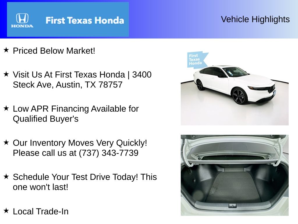 New Car 2025 Honda Accord Hybrid  Sport For Sale Under $35,000 In Austin, Texas