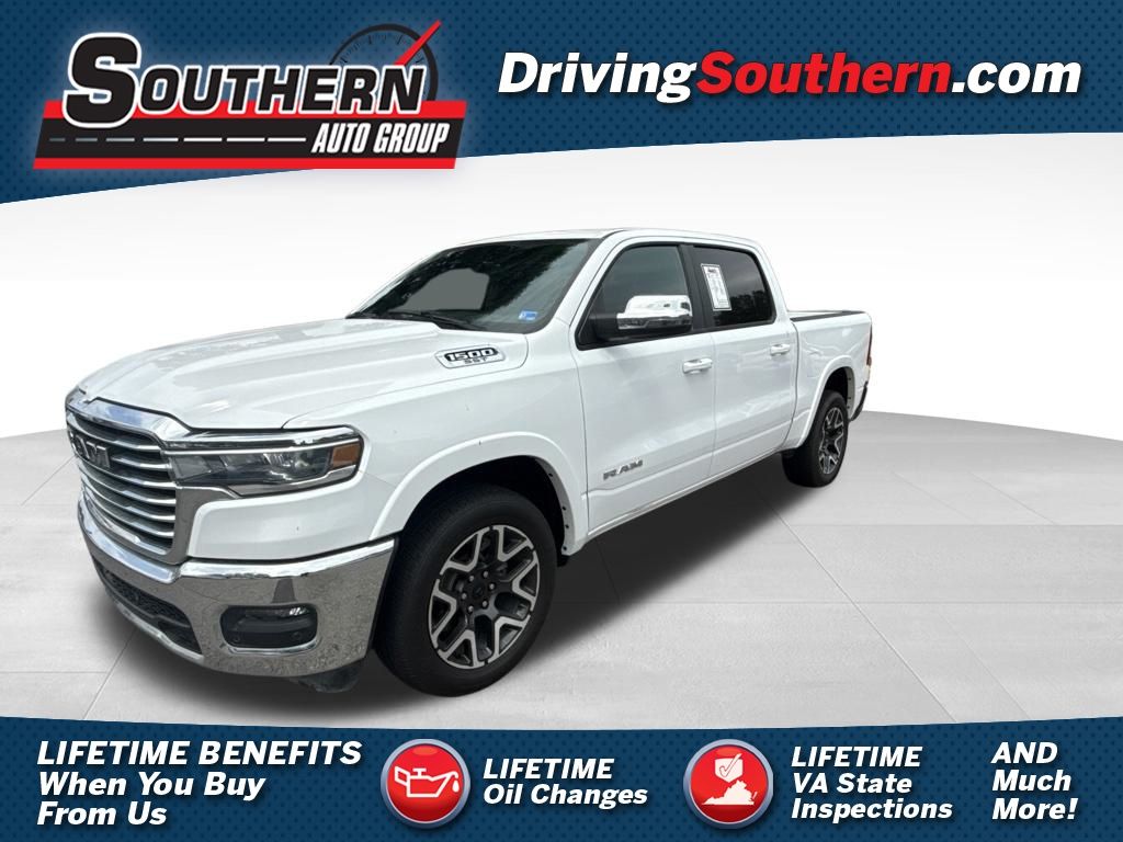 Bright White Clearcoat 2025 RAM 1500 Laramie Crew Cab 4WD Pickup Truck Four-Wheel Drive 8-Speed Automatic