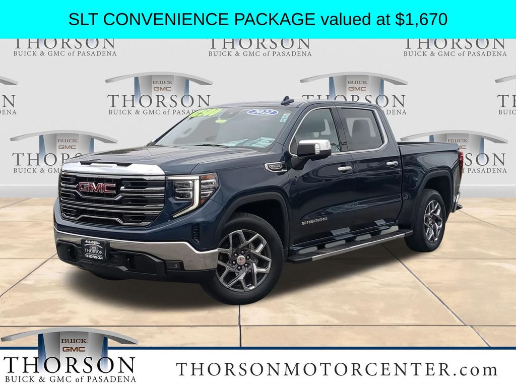 Pacific Blue Metallic 2022 GMC Sierra 1500 SLT Crew Cab RWD Pickup Truck 4X2 Automatic