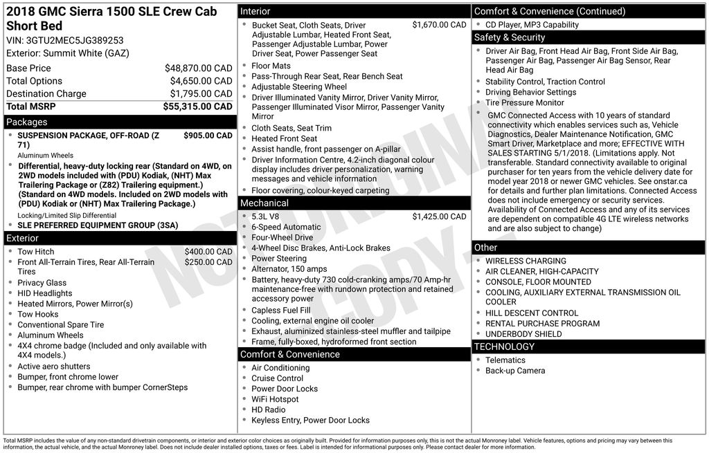 2018 White GMC Sierra 1500 SLE 4X4 Truck