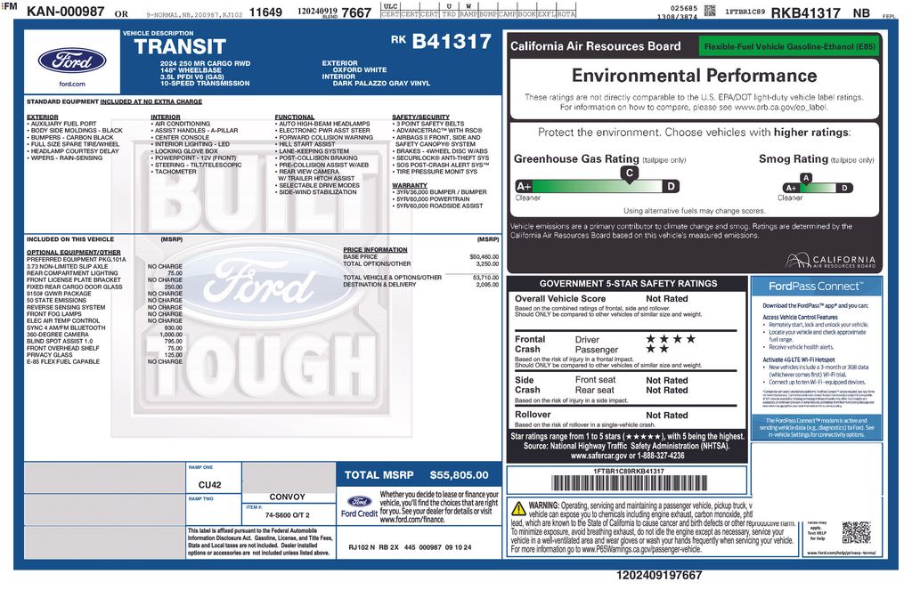 New 2024 Ford Transit Cargo Van 148 WB Long 250 Medium Roof