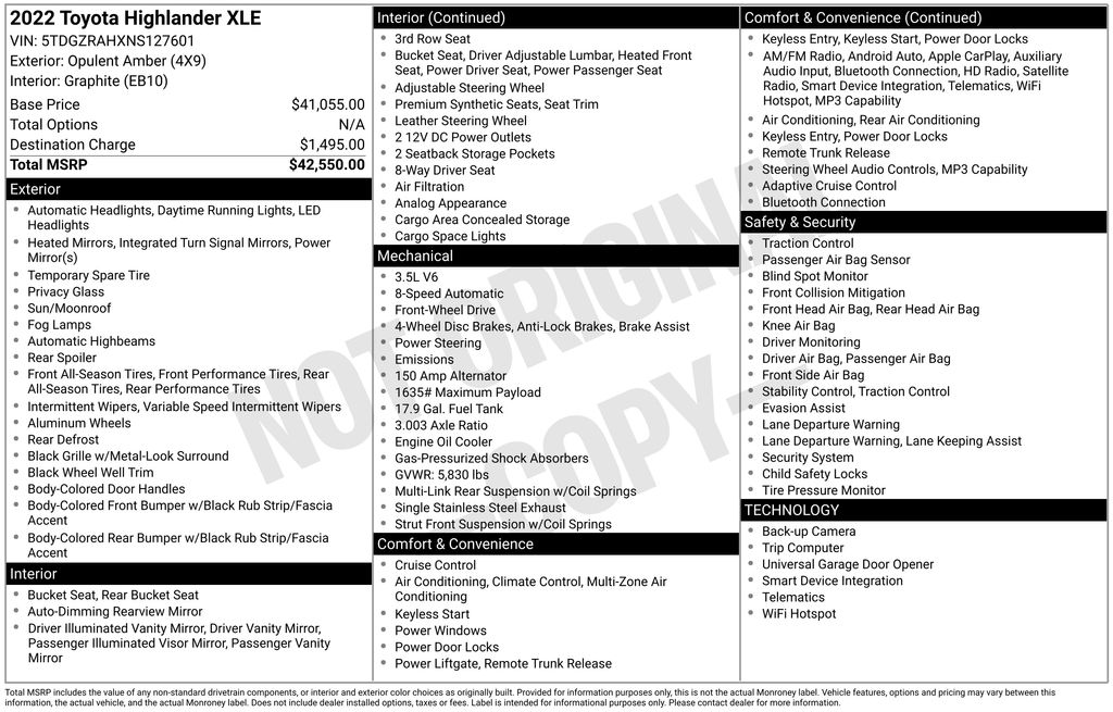 Amber 2022 Toyota Highlander XLE FWD SUV / Crossover Front-Wheel Drive 8-Speed Automatic