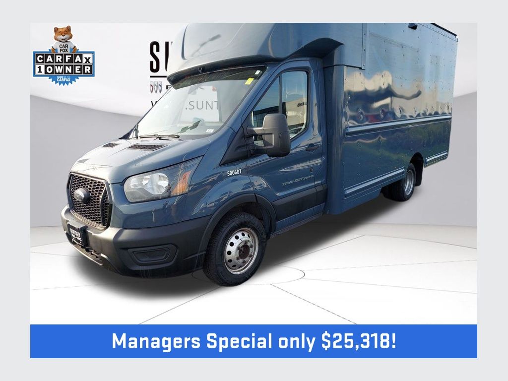 Blue Jeans Metallic 2021 Ford Transit Chassis 350 HD 9950 GVWR Cutaway DRW RWD Van Rear-Wheel Drive