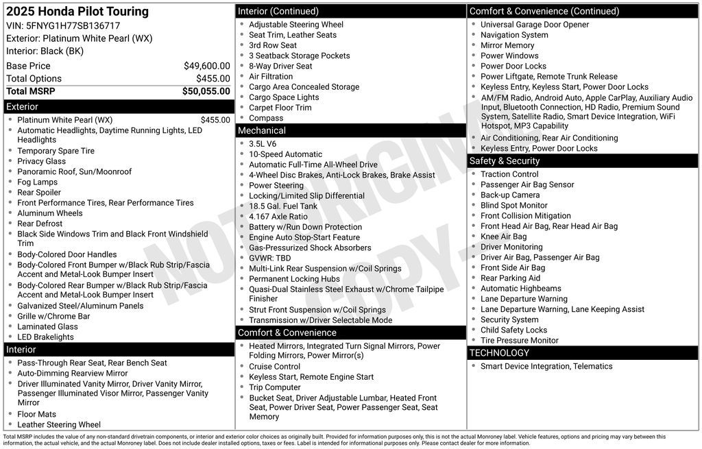 New Car 2025 Honda Pilot  Touring For Sale Under $60,000 In Austin, Texas