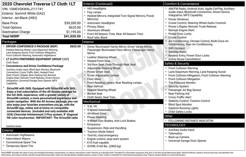 used 2020 Chevrolet Traverse car, priced at $20,000
