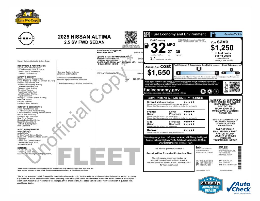 Super Black 2025 Nissan Altima Sedan Front-Wheel Drive Continuously Variable Transmission