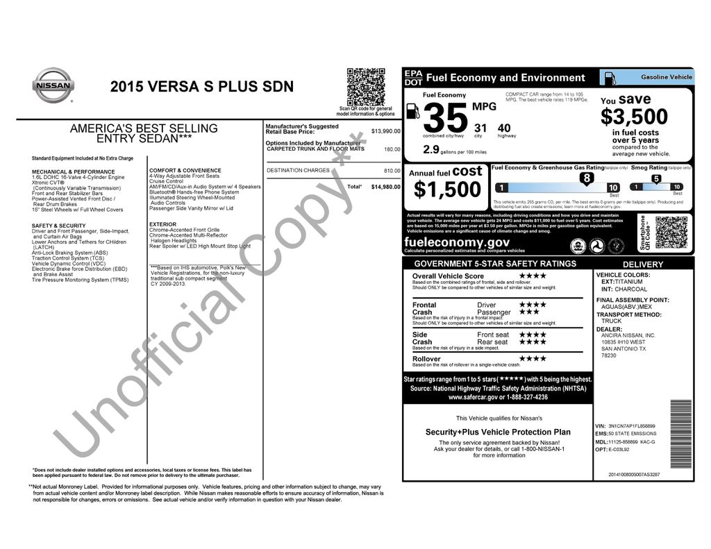 Used Car 2015 Nissan Versa  1.6 S Plus For Sale Under $10,000 In Austin, Texas