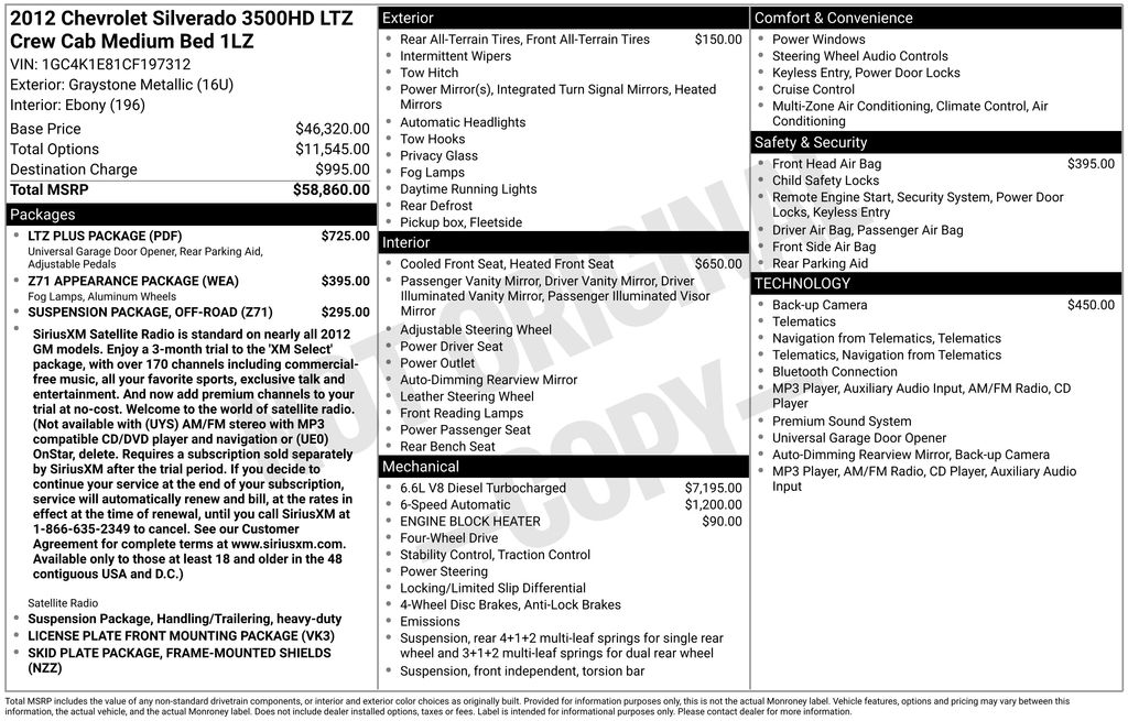 Graystone Metallic 2012 Chevrolet Silverado 3500HD Pickup Truck Four-Wheel Drive 6-Speed Automatic