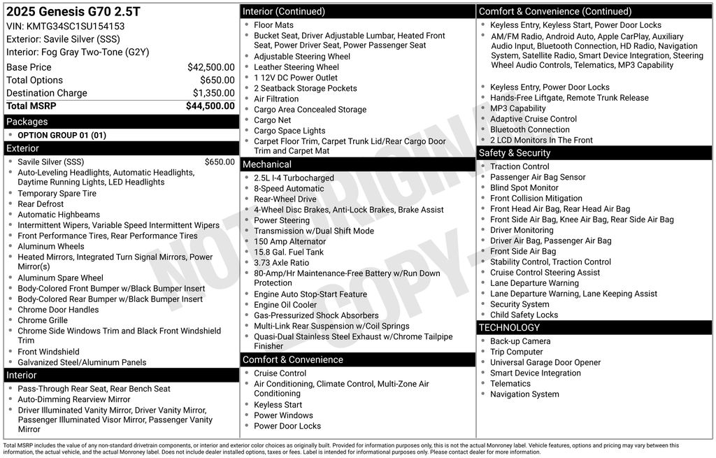 2025 Genesis G70 2.5T Silver at Baytown Hyundai
