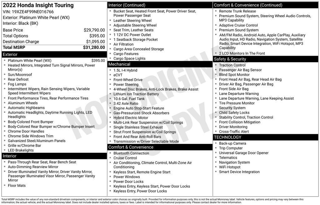 Platinum White Pearl 2022 Honda Insight Touring FWD Sedan Front-Wheel Drive Continuously Variable Transmission