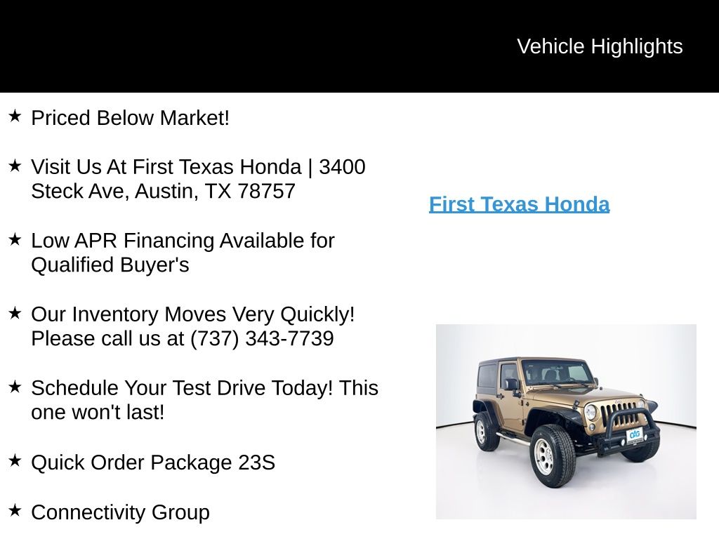 Used Car 2015 Jeep Wrangler  Sport For Sale Under $15,000 In Austin, Texas