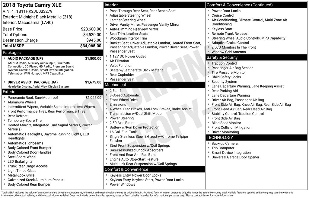 Midnight Black Metallic 2018 Toyota Camry XLE Sedan Front-Wheel Drive 8-Speed Automatic