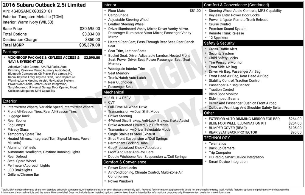 2016 Subaru Outback 2.5i Limited
