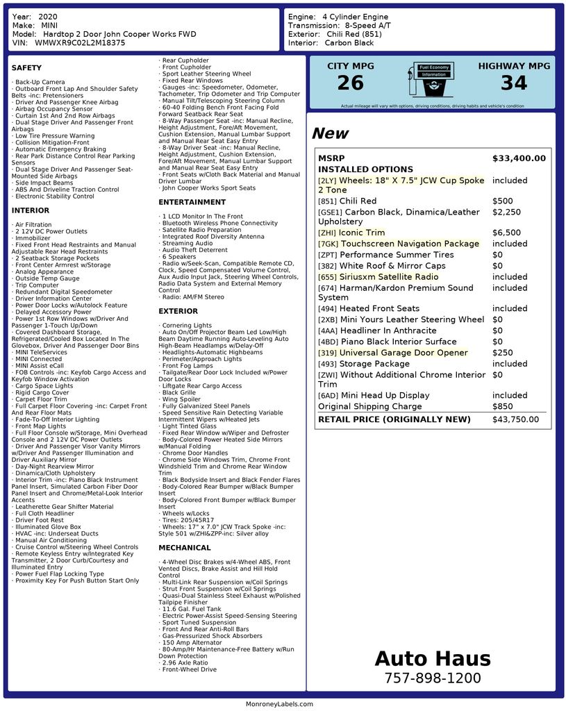 2020 MINI Cooper John Cooper Works 2-Door Hatchback FWD