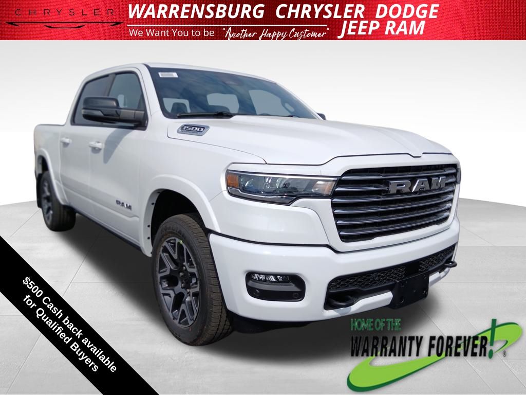 Bright White Clearcoat 2026 RAM 1500 Laramie Crew Cab 4WD Pickup Truck Four-Wheel Drive 8-Speed Automatic