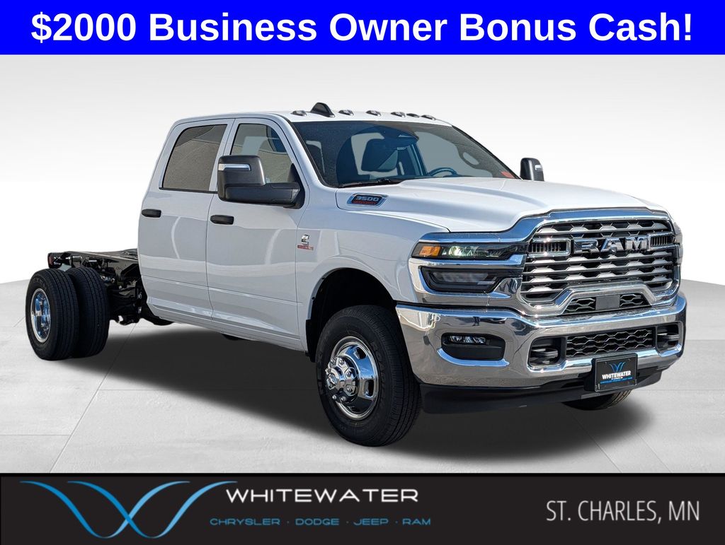 Bright White Clearcoat 2026 RAM 3500 Chassis Tradesman Crew Cab LB DRW 4WD Pickup Truck Four-Wheel Drive 8-Speed Automatic