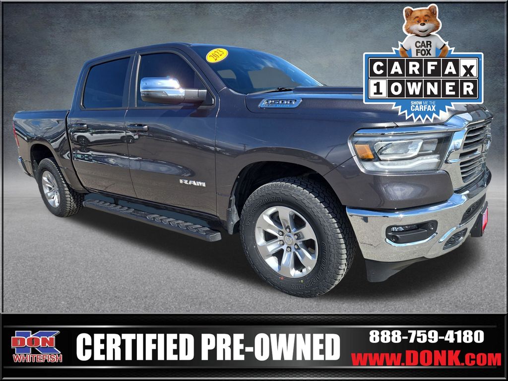 Gray (Granite Crystal Metallic Clearcoat) 2023 RAM 1500 Laramie Crew Cab 4WD Pickup Truck Four-Wheel Drive 8-Speed Automatic