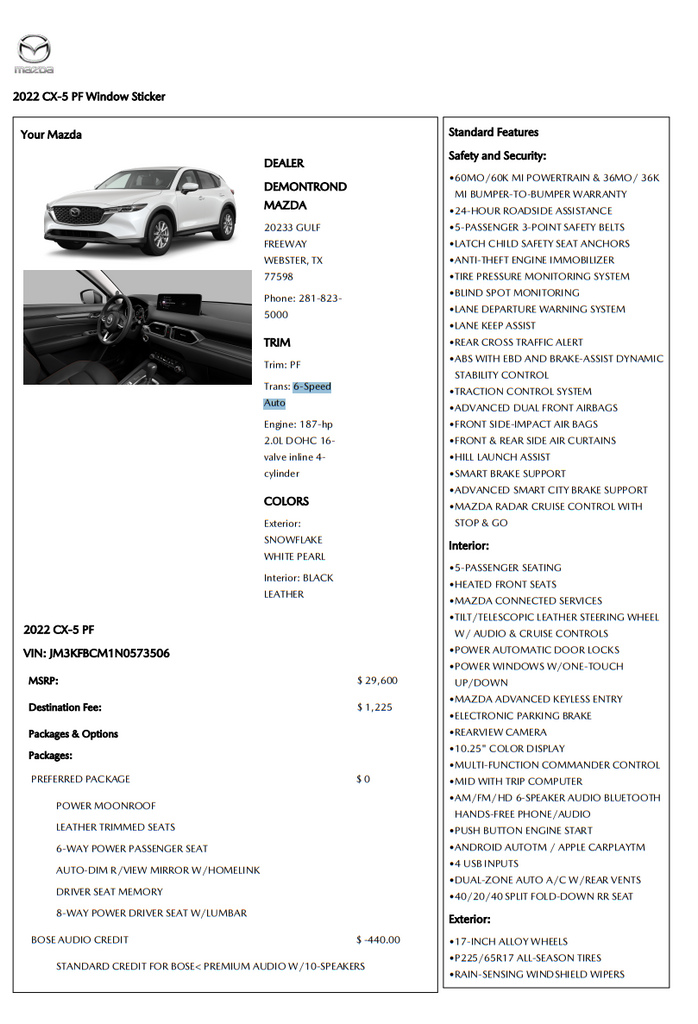 Snowflake White Pearl 2022 Mazda CX-5 SUV / Crossover All-Wheel Drive 6-Speed Automatic