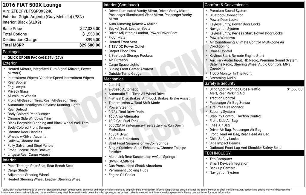 Silver 2016 FIAT 500X Lounge AWD SUV / Crossover All-Wheel Drive 9-Speed Automatic