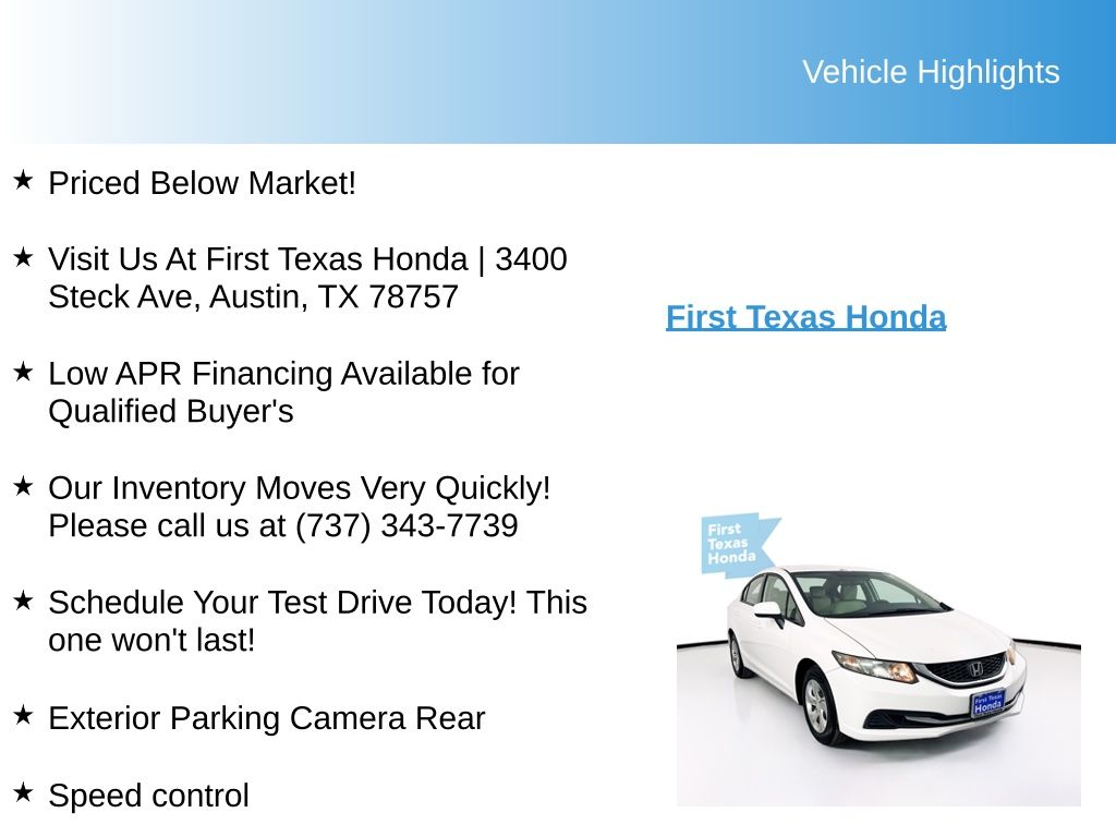 Used Car 2015 Honda Civic  Lx For Sale Under $15,000 In Austin, Texas