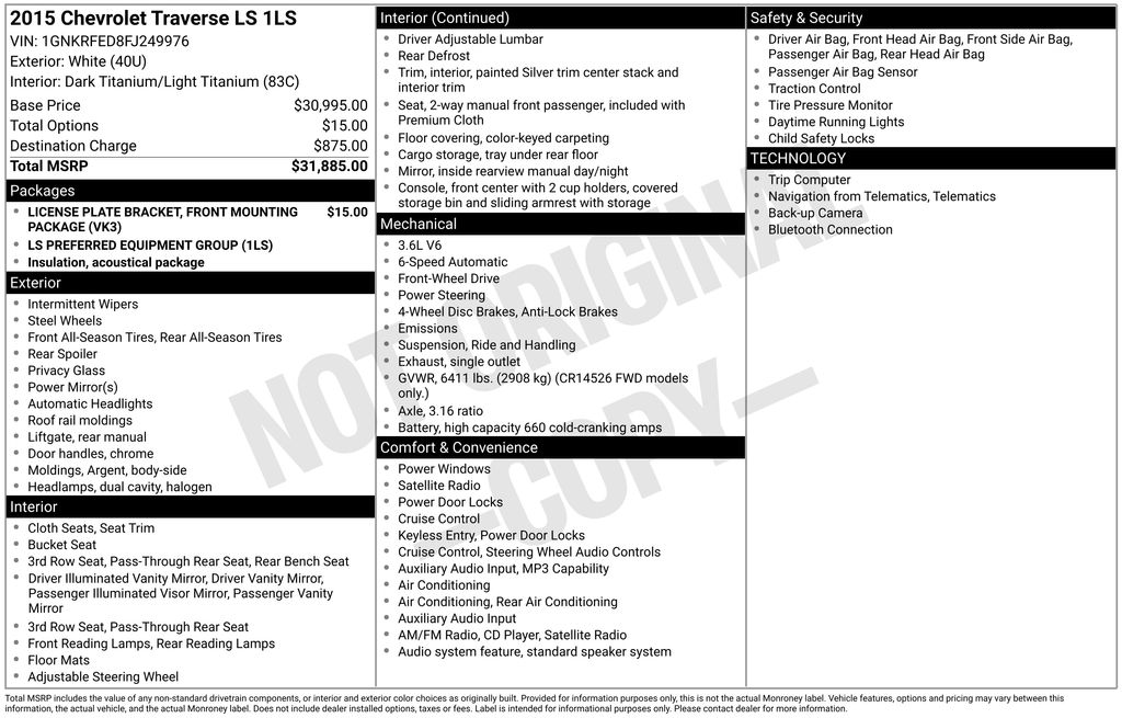 Used Car 2015 Chevrolet Traverse  Ls For Sale Under $10,000 In Austin, Texas