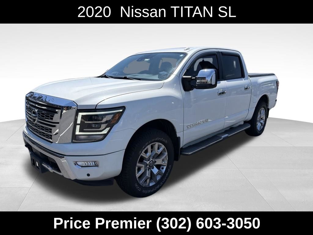 Pearl White 2020 Nissan Titan Pickup Truck Four-Wheel Drive 9-Speed Automatic