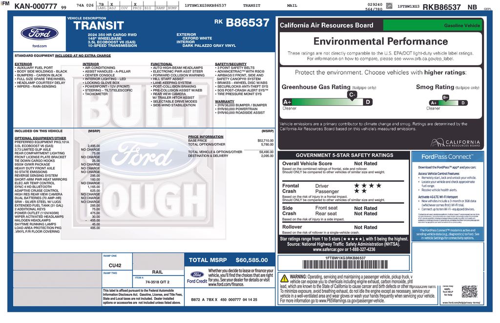 New 2024 Ford Transit Cargo Van 148 WB Long 350 High Roof
