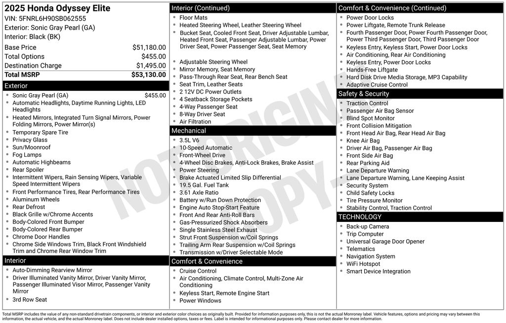 2025 Sonic Gray Pearl Honda Odyssey Elite FWD Van