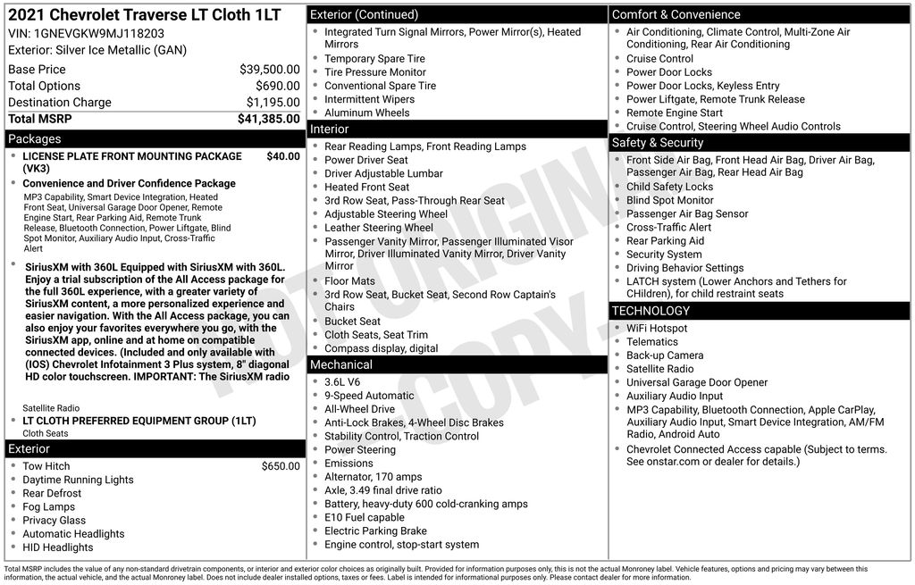 Silver Ice Metallic 2021 Chevrolet Traverse LT Cloth AWD SUV / Crossover Four-Wheel Drive 9-Speed Automatic